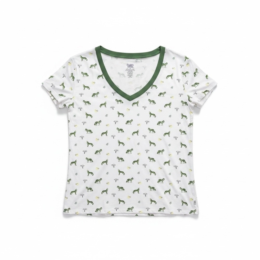 Bubble Baby Women Wolf Print Bamboo Viscose V-Neck T-Shirt Cream Green S/M